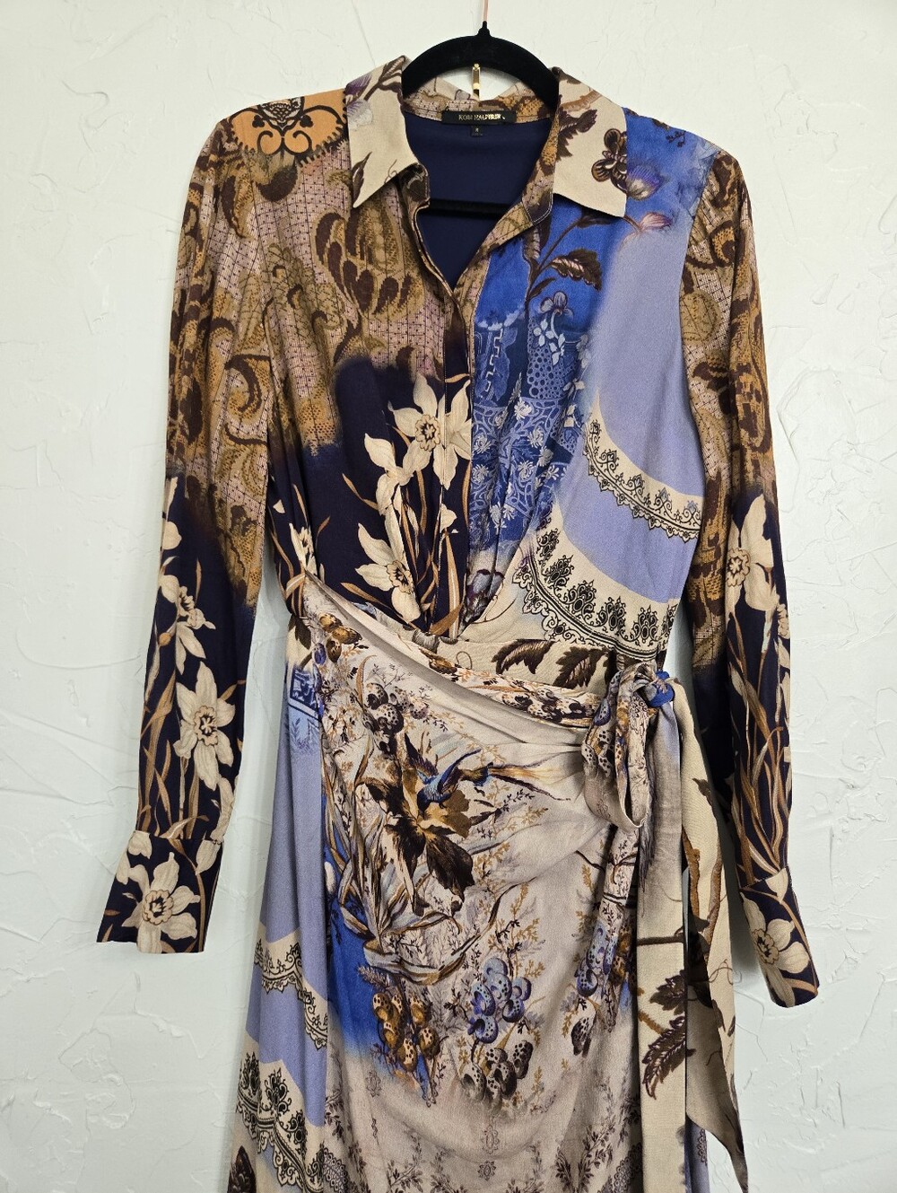 Kobi Halperin Sadie Asymmetric Floral Wrap Skirt Blue Brown Midi Dress, S - Picture 3 of 11
